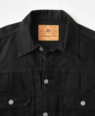 Black denim jacket close-up of collar and button placket with brand label
