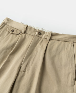 Khaki cotton twill trousers close-up of waistband with buttoned flap pockets