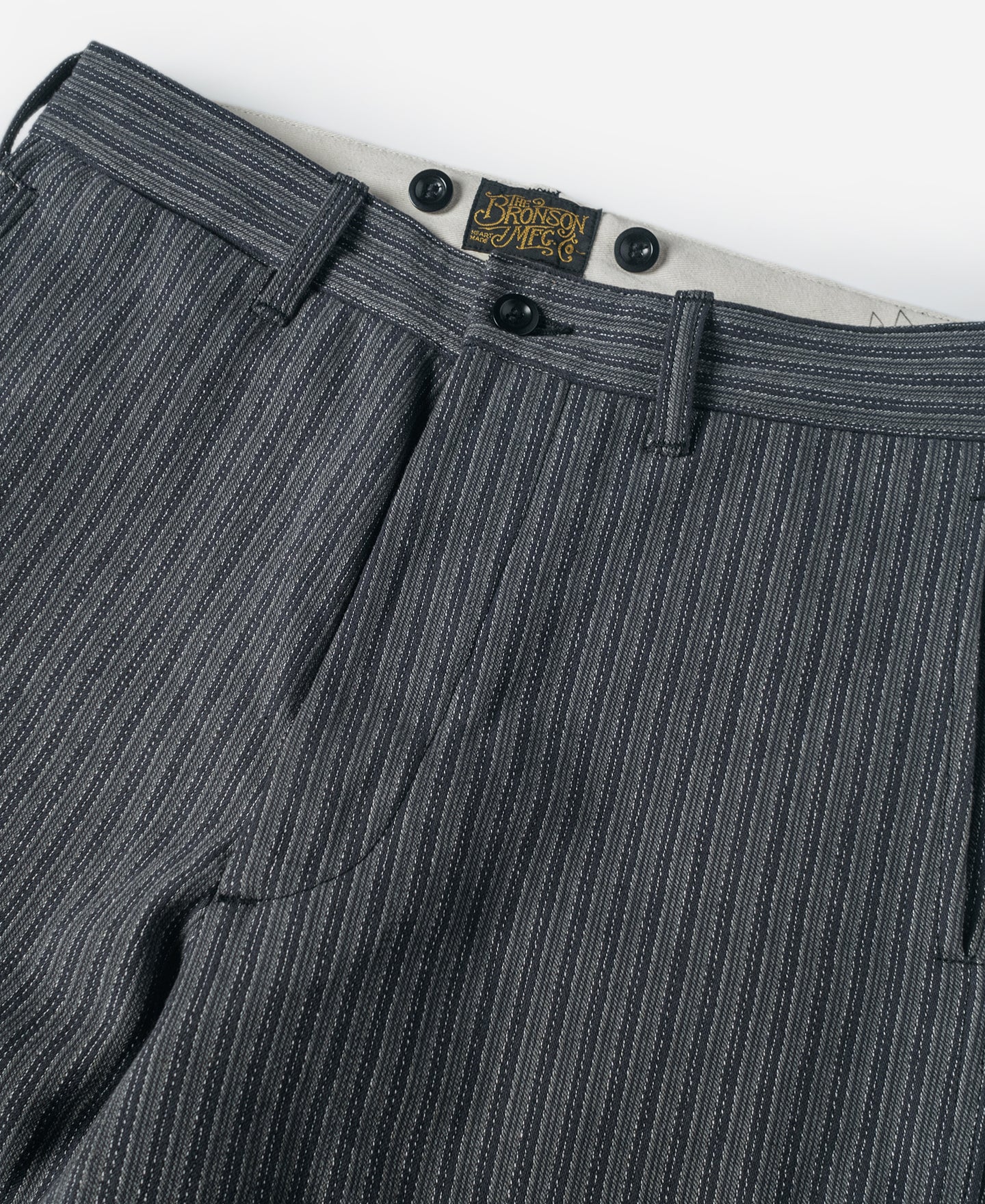 1930s 1940s Black Gray Stripe Work Pants Bronson Bronson Mfg Co 1930s-1940s-black-gray-stripe-work-pants-bronson-bronson-mfg-co