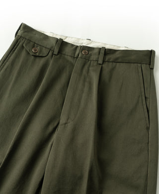Olive cotton twill waist with single pleats, belt loops, and button details
