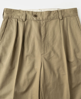 Close-up of khaki pleated waistband and front button detail on trousers.