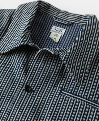 Striped cossack jacket chest pocket and buttoned collar in blue and white stripes