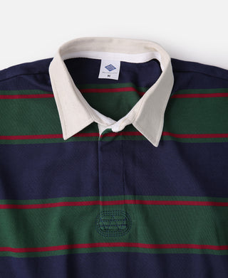 Classic Fit Striped Jersey Rugby Shirt - Green/Navy/Red