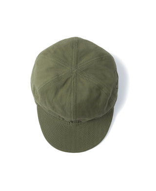 Olive A-3 flight cap showing rear crown seam and curved brim