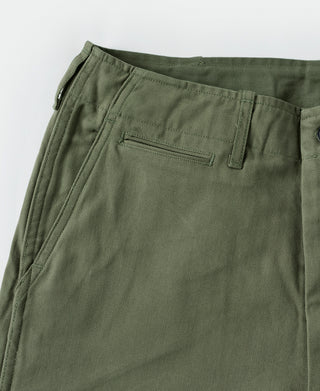 Olive fatigue trousers waistband with button fly and side pocket