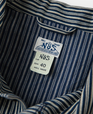 Striped cossack jacket interior neck label and buttoned placket close-up