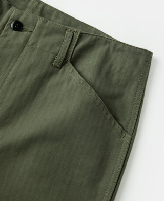 Olive pants front pocket close-up with angled pocket opening and seam details.