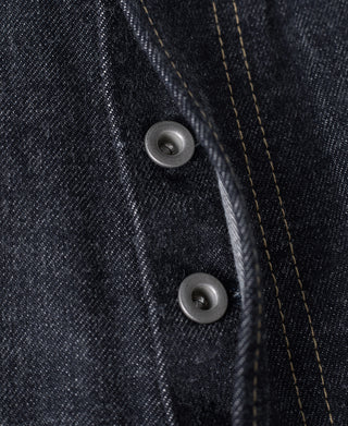 Denim jeans close-up of two front buttons and contrast gold topstitching