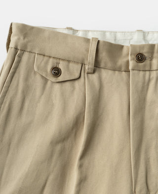 Khaki cotton twill trousers close-up of pleats and front pocket flap