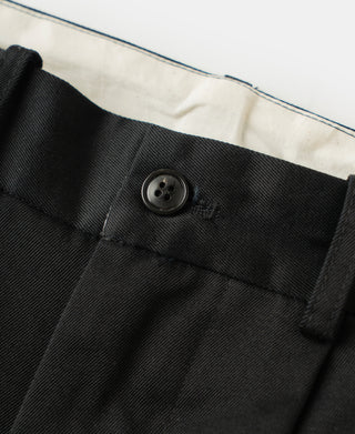 Black cotton twill waistband with button closure and belt loops