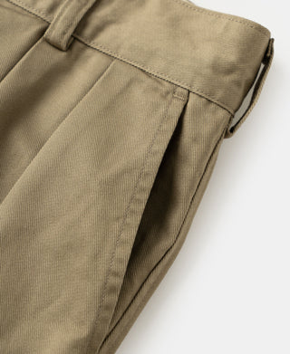 Close-up of khaki trouser leg seam and angled side pocket.