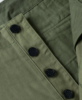 Olive HBT fatigue trousers front placket with dark snap buttons