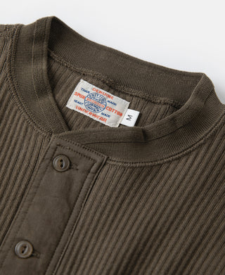 Ribbed Long Sleeve Henley T-Shirt - Olive Brown