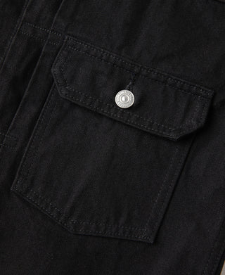 Black denim jacket chest flap pocket with round metal snap button