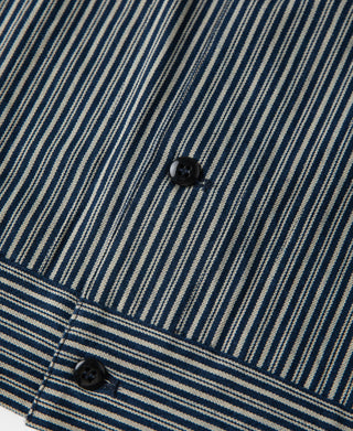Striped cossack jacket snap buttons and hem band close-up