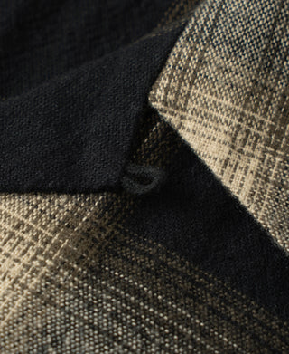 Brushed cotton ombre check sports shirt close-up of placket and pocket panel, black and beige