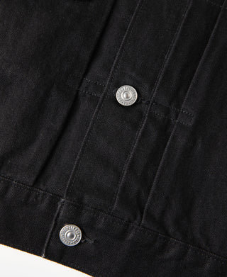 Black denim jacket front button placket with two metal snap closures