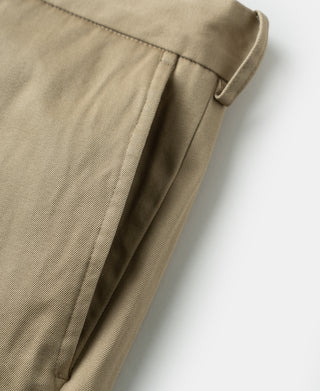 Khaki cotton twill trousers close-up of leg seam and side pocket