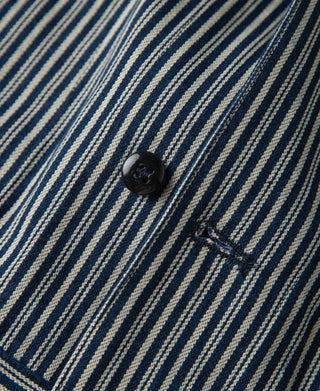 Striped cossack jacket single snap button and stitched placket close-up