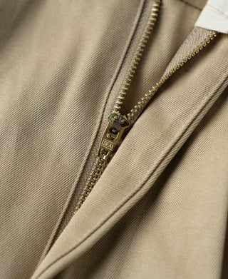 Khaki cotton twill trousers close-up of zipper fly and inner waistband