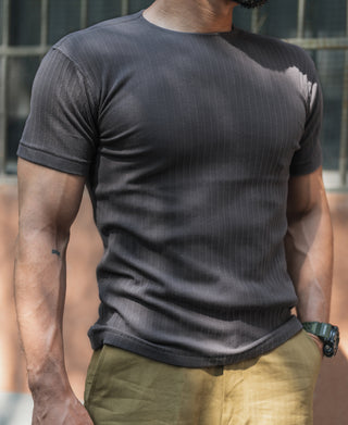 1950s Ribbed Cotton and Spandex-Blend T-Shirt - Dark Gray