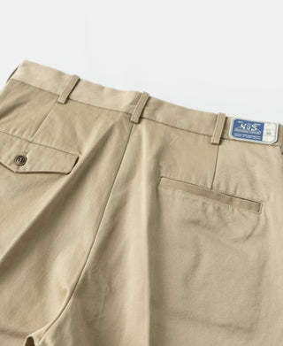 Khaki cotton twill trousers close-up of waistband, label, and front pocket