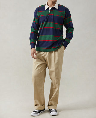 Classic Fit Striped Jersey Rugby Shirt - Green/Navy/Red