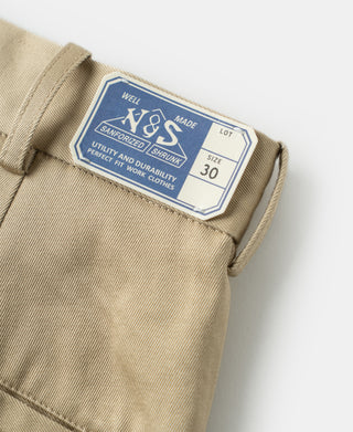 Khaki cotton twill trousers close-up of inside size and care label