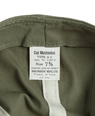Olive A-3 flight cap interior label text and size 7 3/4