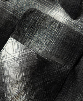 Ombre check flap pocket close-up with textured woven fabric