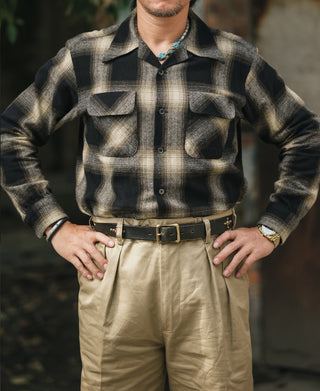 Brushed cotton sports shirt, ombre black/beige plaid front with two chest pockets