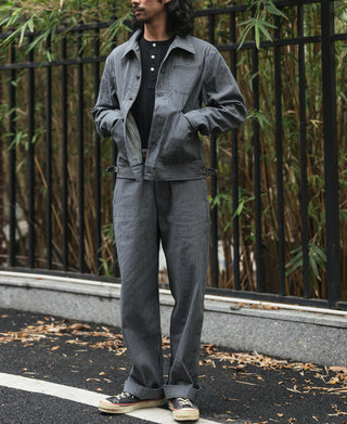 Striped cossack jacket with button front and stand collar, blue-and-cream stripes
