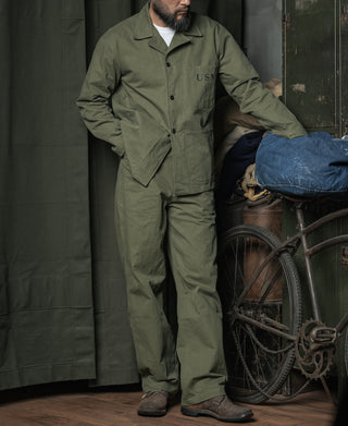 Olive USN N-3 utility jacket front with button placket and U.S.N chest mark
