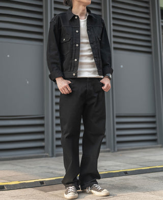 Black denim jeans straight leg with belt loops and button fly