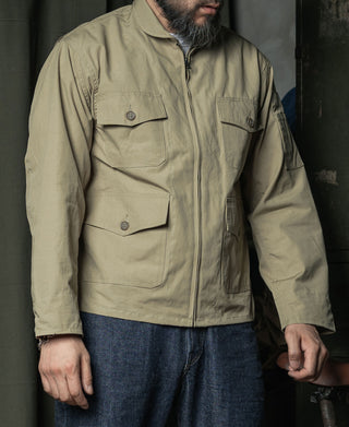 Khaki summer flight jacket with front zipper, flap pockets, and stand collar