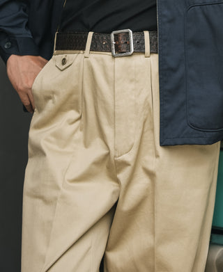 Khaki cotton twill single-pleat trousers with belt loops and buckle