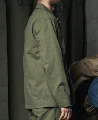 Olive USN N-3 utility jacket side view with buttoned front placket