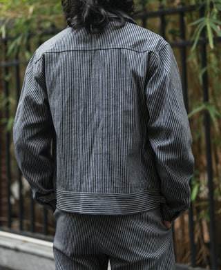 Striped cossack jacket back view with stand collar and blue-and-cream vertical stripes