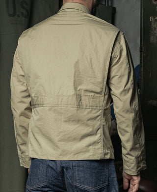 Khaki summer flight jacket back with yoke seam and banded hem