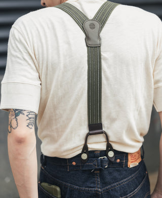 Vintage Striped Y-Back Button-On Suspenders – Olive