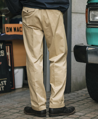 Khaki single-pleat cotton twill trousers full length front view