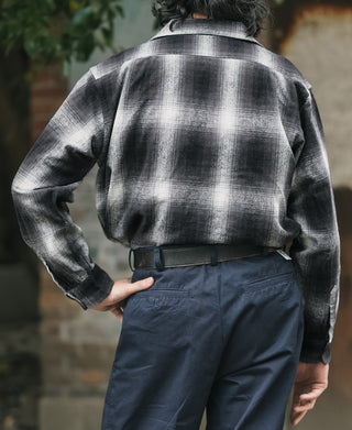 Black-and-white ombre check sports shirt back with stand collar and yoke panel.