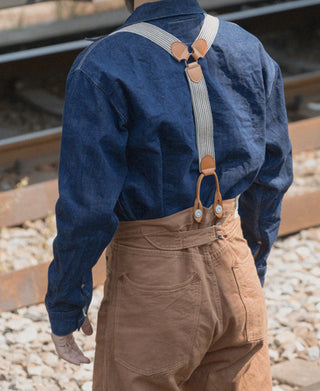 Old-Time Y-Back Leather Button Suspenders - Khaki Stripe