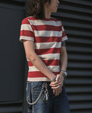 Heavyweight Cotton Wide Striped T-Shirt - Red/Apricot