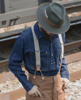 Old-Time Y-Back Leather Button Suspenders - Khaki Stripe