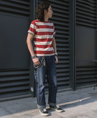 Heavyweight Cotton Wide Striped T-Shirt - Red/Apricot