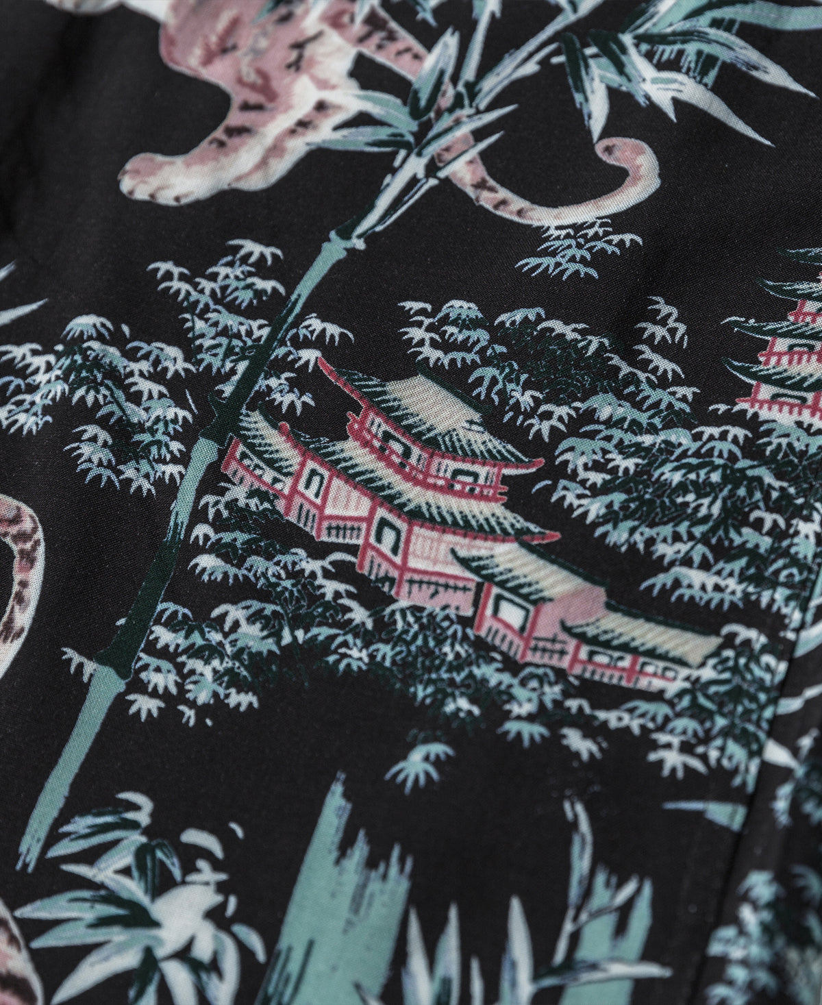 Ukiyo-e Tiger &amp; Bamboo Pattern Aloha Shirt - Black