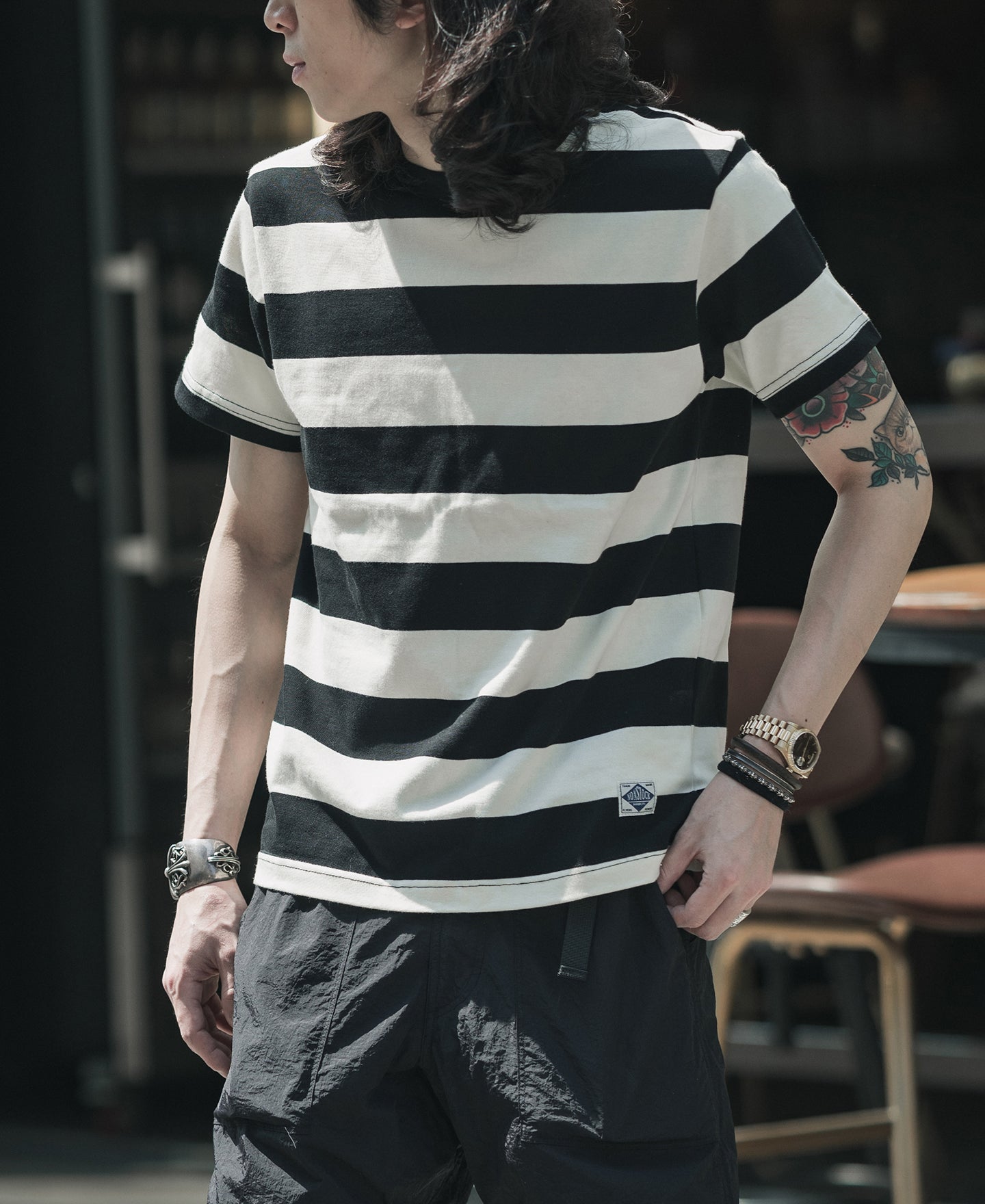 Motorcycle Heavyweight Black and White Wide Striped T-Shirt | Bronson