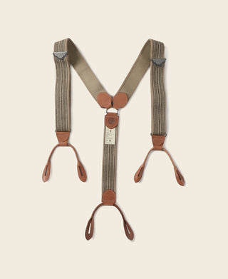 Old-Time Y-Back Leather Button Suspenders - Khaki Stripe