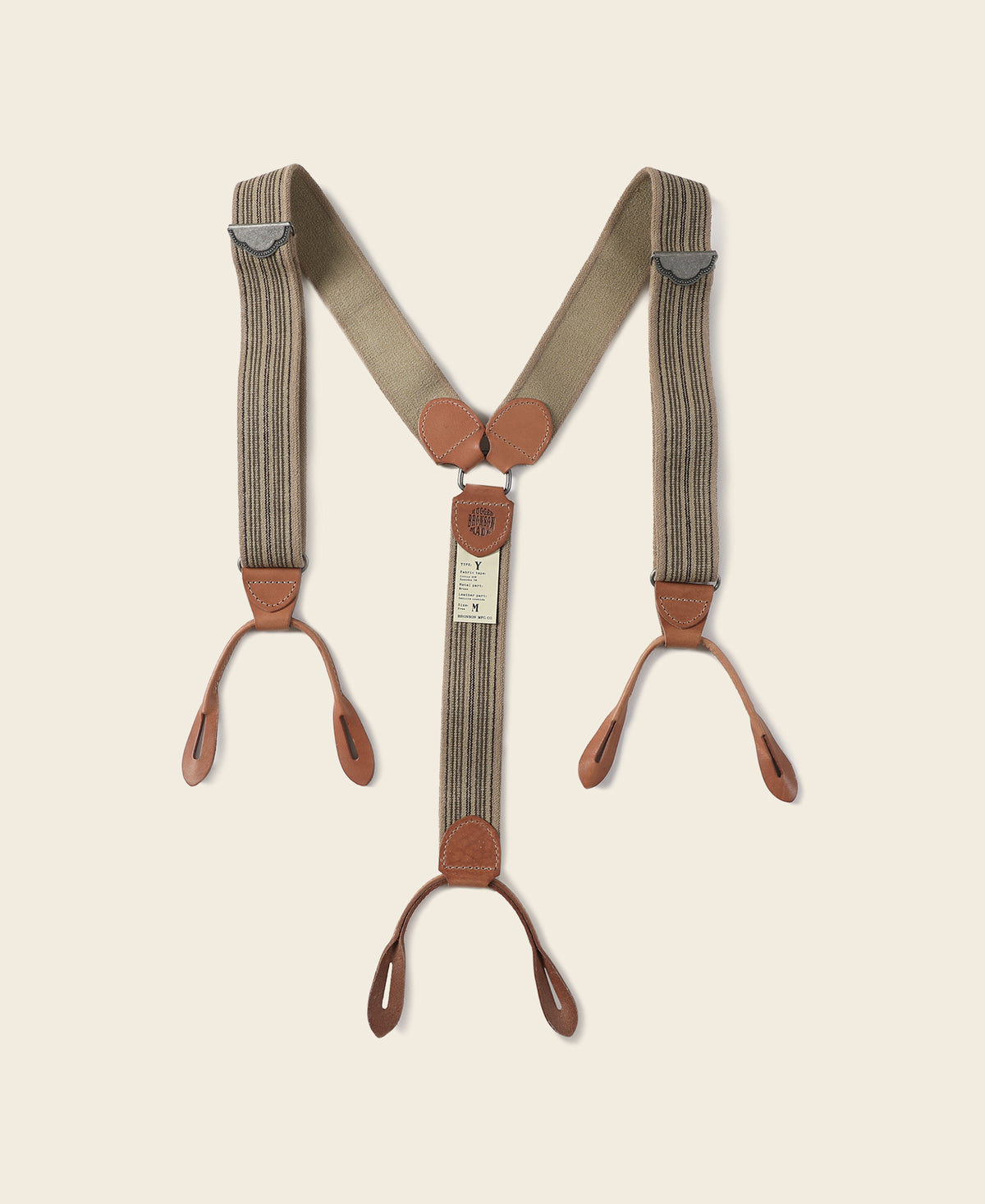 Old-Time Y-Back Leather Button Suspender - Khaki Stripe